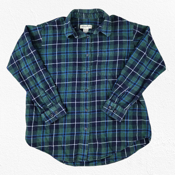 Eddie Bauer Green Navy White Plaid Tartan Flannel Button Down Shirt Size Medium - Picture 1 of 6